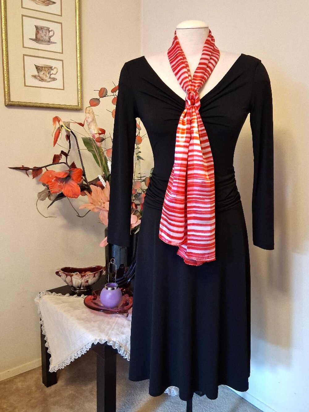 NWOT Vintage Striped Long Scarf Wrap Wearable Art Spring Fall Winter Scarves Red
